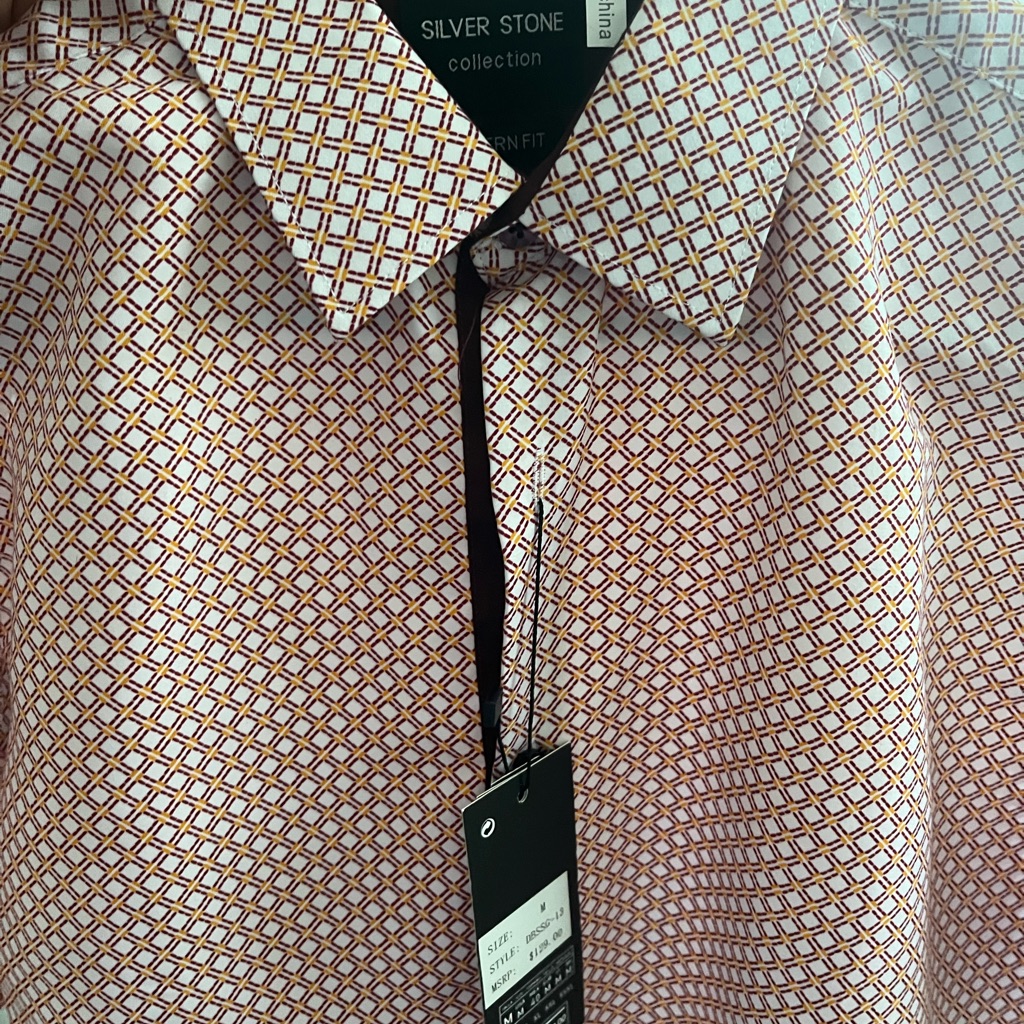 Nwt Silver Stone Men's Dress Shirt - White And Orange Pattern